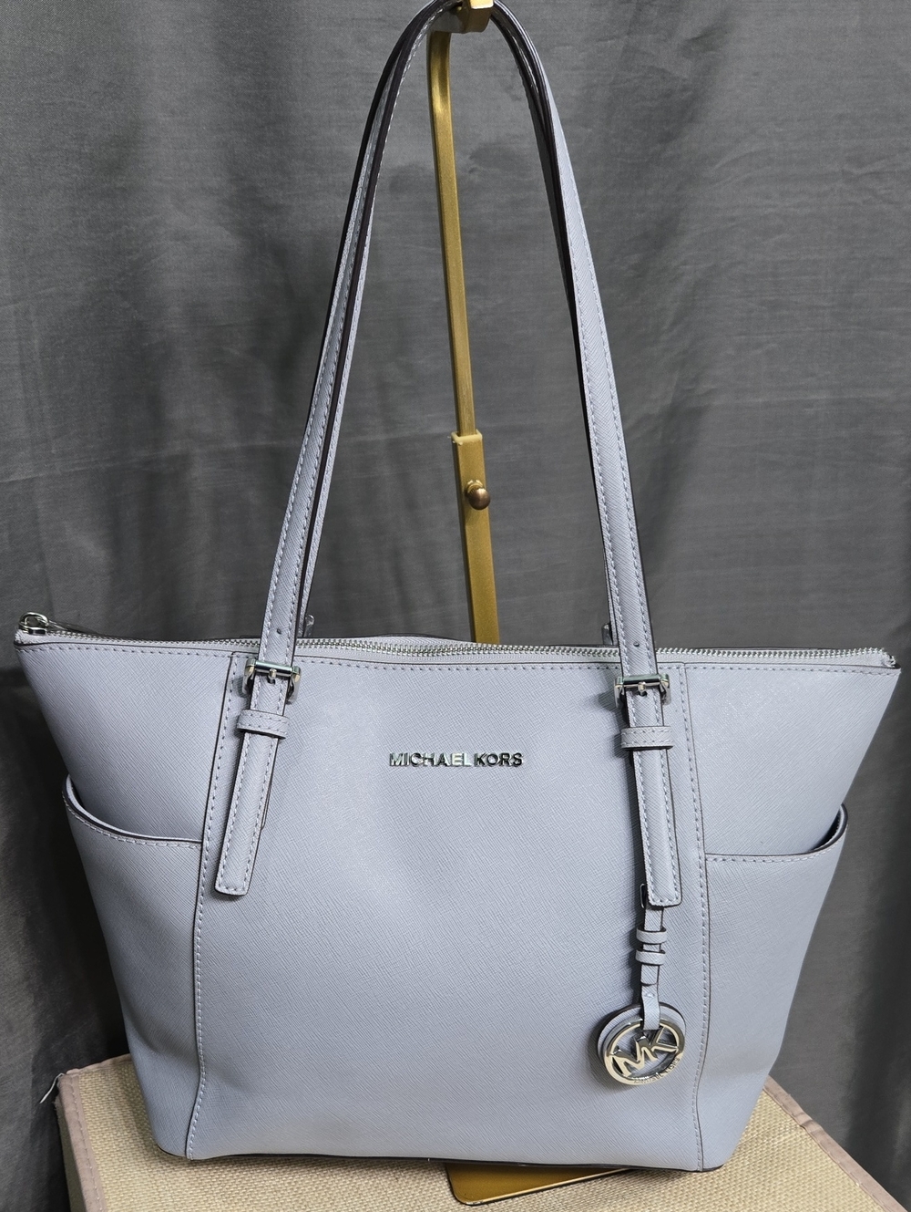 Like-new! Michael Kors Light Gray Saffiano Leather Tote with Gold Hardware